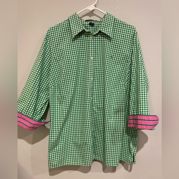 Lauren Ralph Lauren Green Checkered Shirt with Pink Accents - Picture 1 of 5